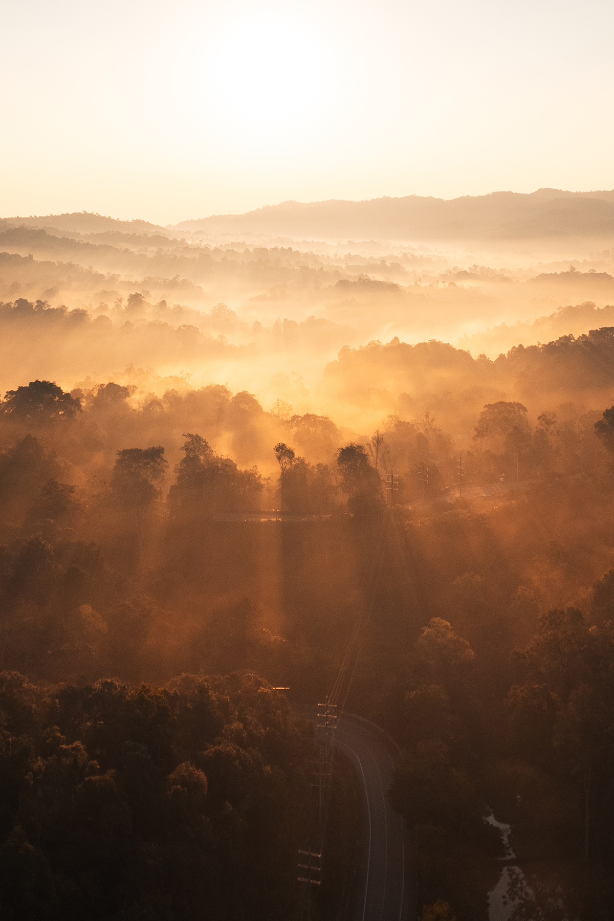 Sunlight filtering through morning fog over a natural landscape